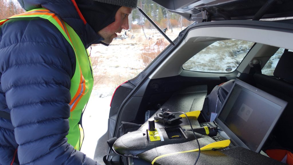 The eBee, another type of UAS, getting prepped for use by a SIG UAS Team Member. Photo by Erin Alvey (c).